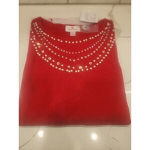 Quacker Factory Women's Top Sweater Sz S Pearl and Rhinest‎ Necklace Red A668150